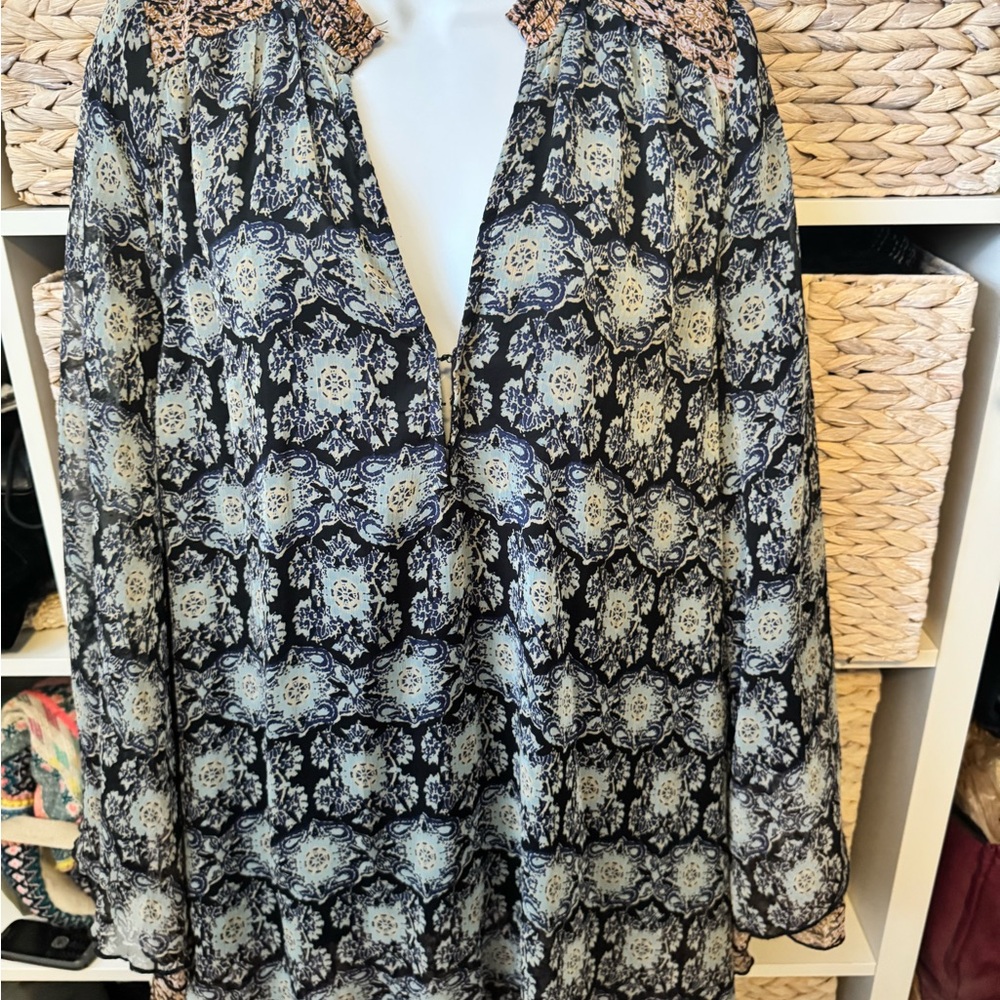 Free People Black and Cream dress or blouse with layered bell sleeves -